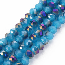 Abalorios de vidrio electroplate hebras, imitación de jade, medio púrpura chapado, facetados, rerondana plana, acero azul, 6x5mm, agujero: 1 mm, aproximamente 85~88 pcs / cadena, 16.1~16.5 pulgada (41~42 cm)