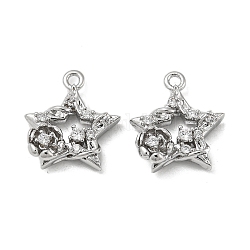 Brass Micro Pave Clear Cubic Zirconia Charms, Star & Flower, Real Platinum Plated, 13.5x12x3mm, Hole: 1.2mm