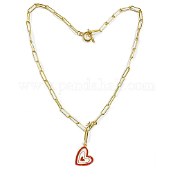 Cute Heart Enamel Pendant Necklace for Girl Women, Brass Paperclip Chain Necklace with Cubic Zirconia, Golden, 19.8 inch(50.2cm)