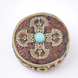 Handmade Indonesia Beads, with Brass Findings, Flat Round, Golden, Indian Red, 22x21x11mm, Hole: 2mm