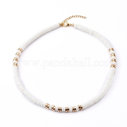 Natürliche weiße Muschel Perlenketten, mit 304 Edelstahl Karabinerverschlüsse, Flachrund, echtes 18k vergoldet, weiß, 15.94 Zoll (40.5 cm)