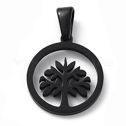 Ion Plating(IP) 304 Stainless Steel Pendants, Ring with Tree of Life, Black, 15.5x13x1.5mm, Hole: 2.5x4.5mm