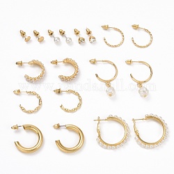 Anello e orecchini rotondi con strass, orecchini a semicerchio con perline imitazione perle, orecchini a cerchio aperto per le donne, oro, 6~35.5x1.5~7mm, ago :0.8mm, 9 coppie / set