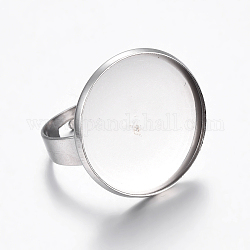 Adjustable 304 Stainless Steel Finger Rings Components, Pad Ring Base Findings, Flat Round, Stainless Steel Color, Size 8, 18mm, Tray: 20~20.5mm