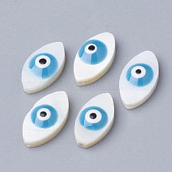 Perles de coquillages naturels d'eau douce, oeil de cheval avec mauvais oeil, Dodger bleu, 15x8x4mm, Trou: 1mm