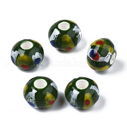 Perles européennes en porcelaine manuelles, famille rose de style, Perles avec un grand trou   , pas de noyau métallique, rondelle, vert foncé, 12x9mm, Trou: 4mm