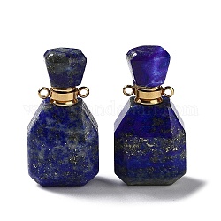 Pendenti con bottiglia di profumo sfaccettato in lapislazzuli naturale, con i risultati in acciaio inox tono dorato, ciondolo diffusore di olio essenziale, per fare gioielli, 34.5~35x18x12.5mm, Foro: 1.8 mm