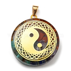 Pietra preziosa mista pendenti rotonda piatta, ciondoli chakra con fetta yinyang in lega placcata dorata, 39.5x35x10.5mm, Foro: 6.5x4 mm