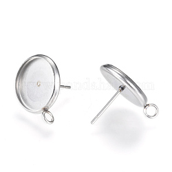 304 Stainless Steel Stud Earring Settings, with Loop, Flat Round, Stainless Steel Color, Tray: 12mm, 17x14mm, Hole: 2mm, Pin: 0.8mm