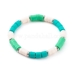 Handgefertigte Stretch-Armbänder aus Polymer Clay Heishi Perlen, mit Messing-Perlen, Kolumne, Platin Farbe, grün, Innendurchmesser: 2-1/8 Zoll (5.3 cm)