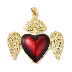 Rack Plating Brass Micro Pave Cubic Zirconia with Epoxy Resin Pendants, Cadmium Free & Lead Free, Real 18K Gold Plated, Long-Lasting Plated, Heart with Wing, Red, 37x38x5.5mm, Hole: 3mm