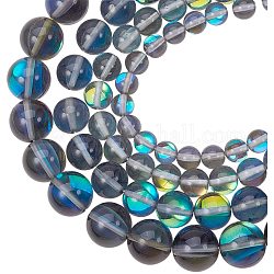 Synthetische Mondsteinperlen, holographische Perlen, gefärbt, Runde, dunkles schiefergrau, 7.4x7.3x2.5 cm, 6~12 mm, Bohrung: 1 mm, 80 Stück / Karton
