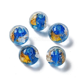Handmade lampwork perle, une feuille d'or, ronde, Dodger bleu, 11.5~12x11~11.5mm, Trou: 1.8~2mm