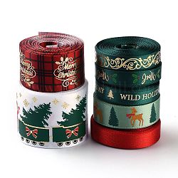 7 rollo de cinta de raso navideña, Cinta de poliéster, para hacer manualidades, paquete de regalo, Navidad tema patrón, color mezclado, 10~39mm, aproximadamente 5 yardas / rodillo (4.57 m / rollo)