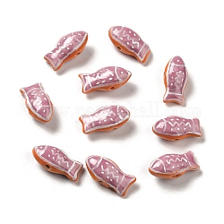 Perles de porcelaine imprimées manuelles, porcelaine de la famille rose, poisson, rouge violet pâle, 11x21.5~22x9mm, Trou: 1.5~1.8mm