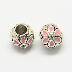 Abalorios europeos de aleación estilo esmalte rhinestone, grandes cuentas redondas agujero con la flor, rosa, 10x9mm, agujero: 4.5 mm