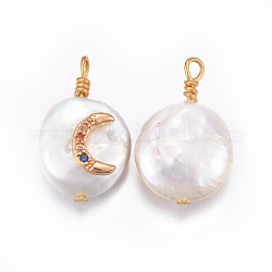 Pendentifs de perles d'eau douce de culture naturelle, avec les accessoires de zircons en laiton, pépites avec la lune, or, colorées, 17~26x11~16x5~11mm, Trou: 1.6~2mm
