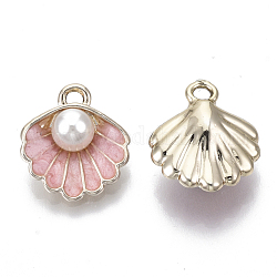 Colgantes de la aleación, con perlas de imitación de plástico abs y esmalte, concha con perla, la luz de oro, rosa, 16x15x7mm, agujero: 1.5 mm