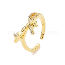 Clear Cubic Zirconia Asterism Open Cuff Ring, Brass Jewelry for Women, Real 18K Gold Plated, Inner Diameter: 16mm