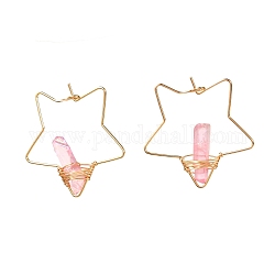 Galvanisierte Ohrringe aus natürlichem Quarzdraht für Mädchen und Frauen, Goldene Sternohrringe aus Messing, rosa, 35x35x6.5 mm, Stift: 0.7 mm