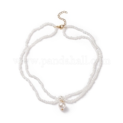 Collar de doble capa con colgante de perlas de concha redonda y semilla de vidrio para mujer, blanco, 14.76 pulgada (37.5 cm)