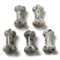 Ciondoli diaspro sesamo naturale, ciondoli a forma di osso di cane con ganci in ferro platino, 36~37x19.5~21x11~12.5mm, Foro: 7x4 mm