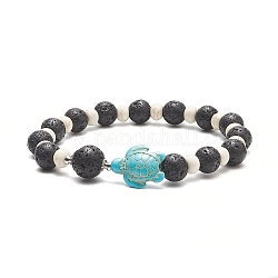 Dyed Synthetic Turquoise(Dyed) Tortoise & Natural Lava Rock Beaded Stretch Bracelet for Women, Turquoise(Dyed), Inner Diameter: 2-3/8~2-1/2 inch(6~6.5cm)