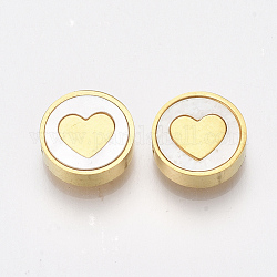 304 Stainless Steel Beads, with Shell, Flat Round with Heart, Golden, 10x3mm, Hole: 1.6mm