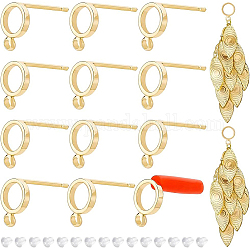 BENECREAT 20Pcs Brass Stud Earring Findings, with Horizontal Loops & Raw(Unplated) Sterling Silver Pins & Plastic Protector, Ring, with 40Pcs Plastic Ear Nuts, Golden, 8x6mm, Hole: 1mm, Pin: 0.7mm