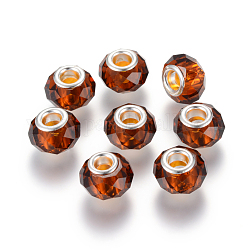 Perle di vetro europei a mano, perline con foro grande, nucleo in ottone colore argento , sella marrone, 14x8mm, Foro: 5 mm