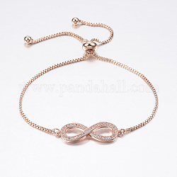 Adjustable Brass Bolo Bracelets, Slider Bracelets, with Cubic Zirconia and Box Chains, Infinity, Rose Gold, 10-5/8 inch(270mm)