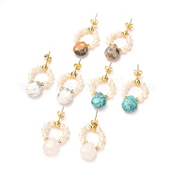 Boucles d'oreilles en perles de pierres précieuses naturelles et synthétiques pour femmes, avec perles de nacre d'eau douce naturelle et accessoires en laiton, 25mm, pin: 0.8 mm