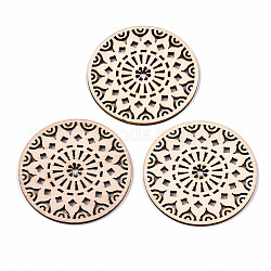 Undyed Natural Wooden Filigree Joiners Links, Laser Cut Shapes, Flat Round with Flower, Antique White, 49x2mm