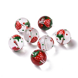 Perles en verre transparentes, avec l'émail, ronde, rouge, Motif de fraises, 14~15x13~13.5mm, Trou: 1.5~1.6mm