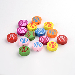 Natural Wood Beads, Lead Free, Dyed, Flat Round With Spiral Pattern, Mixed Color, 17~18x6mm, Hole: 2mm, about 590pcs/500g