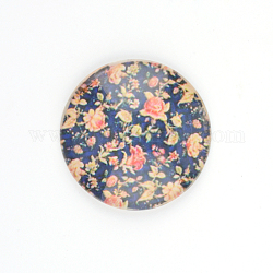 Blumenmuster gedruckt Glascabochon, halbrund / Dome, marineblau, 18x5 mm