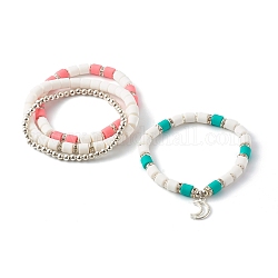 Ensembles de bracelets extensibles en perles d'argile polymère faites à la main, avec des séparateurs perles en laiton strass, lune, couleur mixte, diamètre intérieur: 2-1/8 pouce (5.4 cm), 4 pièces / kit