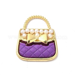 Lega di fascini dello smalto, con perle di plastica imitazione perla in abs, cadmio & nichel &piombo libero, oro, borsetta con charm bowknot, viola scuro, 18.5x16x4.5mm, Foro: 4.5x8 mm