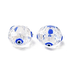 Perle di vetro trasparente europei, perline con foro grande, con smalto, sfaccettato, rondelle con motivo malocchio, blu, 14x8mm, Foro: 6 mm