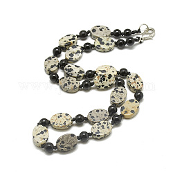 Colliers en perles de jaspe dalmatien naturels, avec mousquetons en alliage, ovale, 18.1 pouces ~ 18.5 pouces (46~47 cm), ovale: 14~14.5x10~10.5x4.5~5 mm
