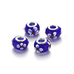 Perles européennes vernissées manuelles, perles de rondelle avec grand trou , Rondelle avec des fleurs, lampwork bosselé, en laiton de tonalité de platine noyaux doubles, bleu, 15~16x9~10mm, Trou: 5mm