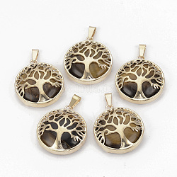 Natural Tiger Eye Pendants, with Brass Findings, Flat Round with Tree of Life, Golden, 30.5x27x8mm, Hole: 7x3mm
