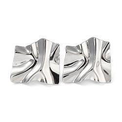304 Stainless Steel Textured Square Ear Studs for Women, Stainless Steel Color, 27.5x29mm