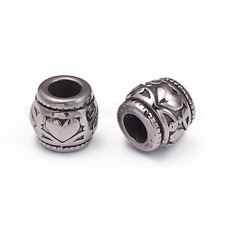 304 perline europei in acciaio inox, perline con foro grande, botte con il cuore, argento antico, 9.5x10.5mm, Foro: 5 mm
