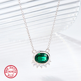 Collane con ciondolo ovale in zirconia cubica verde anti-ossidazione, con 925 catene in argento sterling rodiato, platino, 15.75 pollice (40 cm)