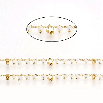 Handmade Brass Chains, with Faceted Glass Beads, Curb Chains and Star Beads, Long-Lasting Plated, Soldered, with Spool, Real 18K Gold Plated, White, 2.5x1.5x0.5mm, about 32.8 Feet(10m)/roll