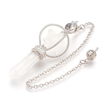 Grand pendule de pendule de quartz cristal naturel, avec les accessoires en laiton de tonalité de platine, Merkaba Star, 257mm, Trou: 2mm