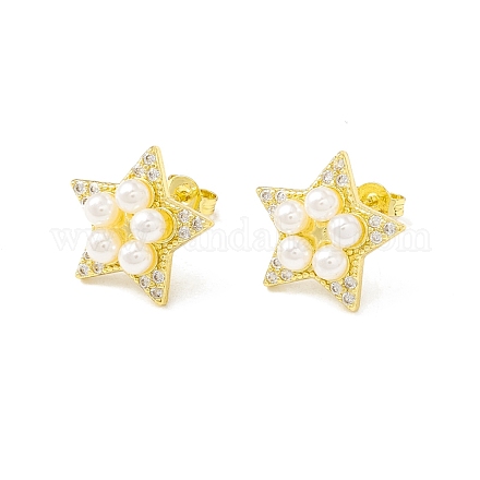 Aretes de estrella con circonitas cúbicas y perla de vidrio EJEW-H086-07G-1