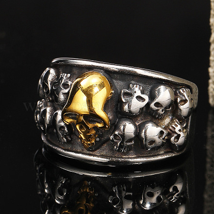 チタン鋼製フィンガー指輪  スカル  アンティークシルバー＆アンティーク金色  usサイズ9（18.9mm） PW-WG36364-04-1