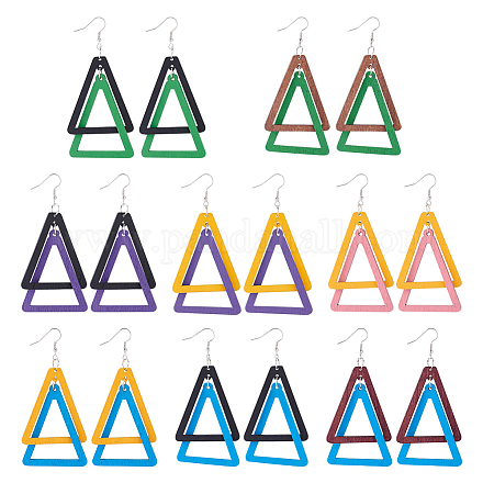 Anattasoul 8 par de pendientes colgantes de doble triángulo de madera de 8 colores con pasadores de hierro EJEW-AN0004-46-1